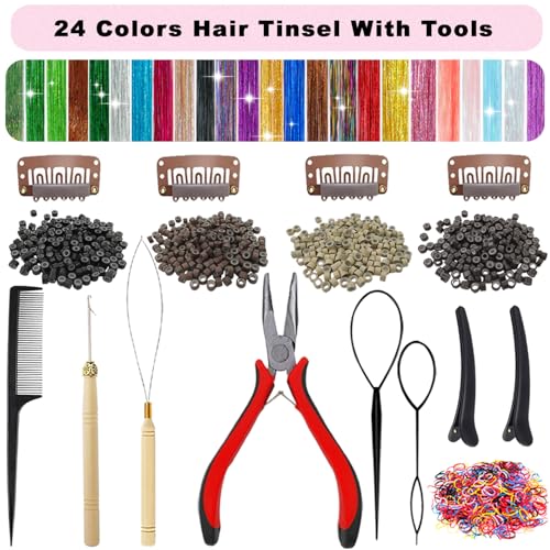 Hair Tinsel Kit - 24 Colors, 9800 Strands, 48 Inch Extensions