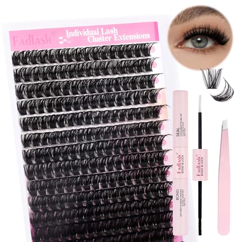 FADLASH Lash Extension DIY Kit Volume Fluffy Lash Clusters D Curl Cluster Lashes with Lash Bond and Seal Lash Tweezers for DIY Eyelash Extension at Home for Self Use（Kit 100D-0.07D-12-18MIX）