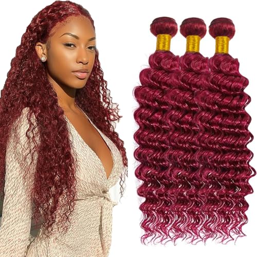 99J Burgundy Deep Wave Human Hair Bundles 3 Pack