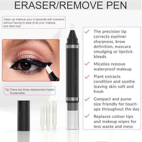Eye Makeup Remover Pen, Makeup Remover Eraser Stick Corrector Stick Lipstick Eyeliner Eraser for Instant Touch Up Correction, Mascara Smudges Correction,Travel-Friendly Makeup Removing Pen With 3 Replacement Heads