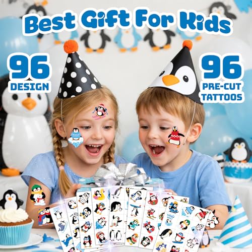 96 PCS Penguin Temporary Tattoos for Kids | Winter Party Favors