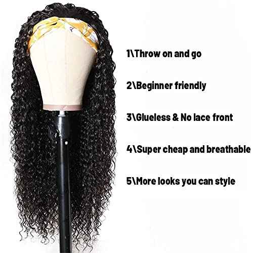 Deep Wave Headband Wig Human Hair Curly Headband Wigs for Black Women Human Hair 20 Inch Glueless None Lace Front Wig Brazilian Virgin Hair Wear and Go Wigs 150% Density Natural Black Color