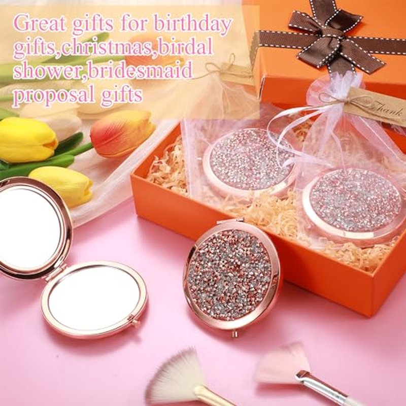12 Sets Small Compact Mirror Round Pocket Makeup Mirror with Thank You Tags, Twine, Organza Bags Magnifying Rhinestone Cosmetic Mirror for Purse Women Girls (Classic Colors)