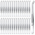 Honoson 32 Pcs Stainless Steel Tweezers for Crafting with Curved Serrated Tip Multipurpose Forceps Sewing Machine Tweezers Bulk (Silver)