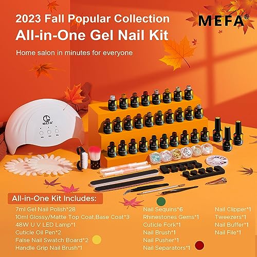 MEFA Gel Nail Polish Kit with U V Light - 28 Colors Fall Winter Gel Nail Polish Set Gold Brown Soak Off Nail Polish Starter Kit with Base & Matte Glossy Top Coat Nail Art Decorations Manicure Tools