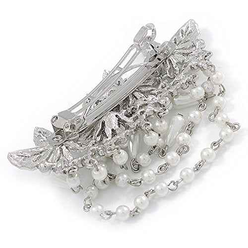 Rhodium Plated Clear Crystal, White Faux Pearl Floral Barrette Hair Clip Grip - 95mm Across