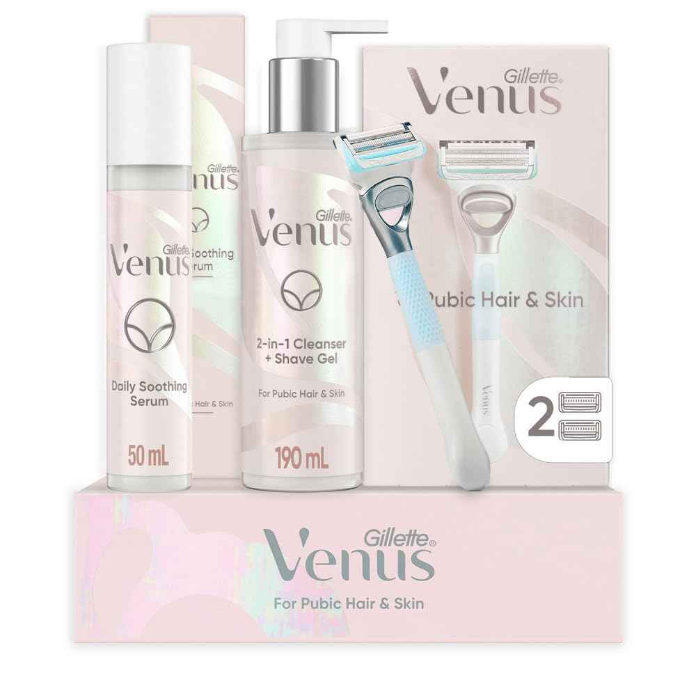Gillette Venus for Pubic Hair and Skin, 1 Razor Handle + 2 Blade Refills, 2-in-1 Cleanser + Shave Gel and Daily Soothing Serum