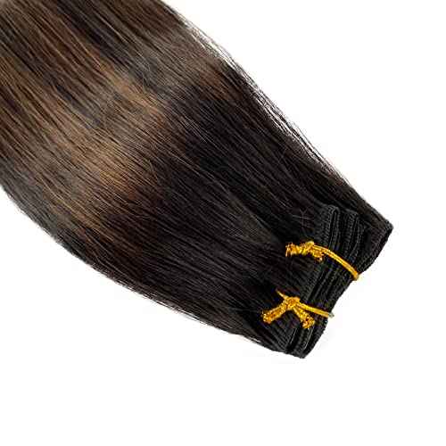 Hair Extensions Real Human Hair, Clip in Hair Extensions for Women 70g 5pcs Thick Straight Natural Black Highlights Brown Human Hair Clip in Extensions Seamless Remy Human Hair Extensions 22 Inch