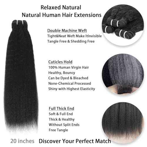 KinkyStraight Bundles Human Hair Yaki Straight Bundles 100% Unprocessed Brazilian Virgin Hair Kinky Curly Human Hair for Black Women Natural Black Color (20 inch)