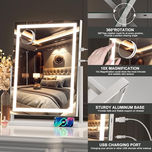 White 17x22 Inch Large Vanity Mirror with Lights - Dimmable LED & 10X Magnification