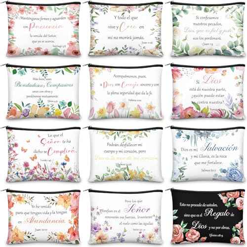 Kacctyen 12 Pcs Christian Mother's Day Gifts Makeup Bag Spanish Verses Inspirational Gift for Women Bible Verse Cosmetic Bag in Spanish Zipper Pouch for Mom Church Religious Prayer(Flower Style)
