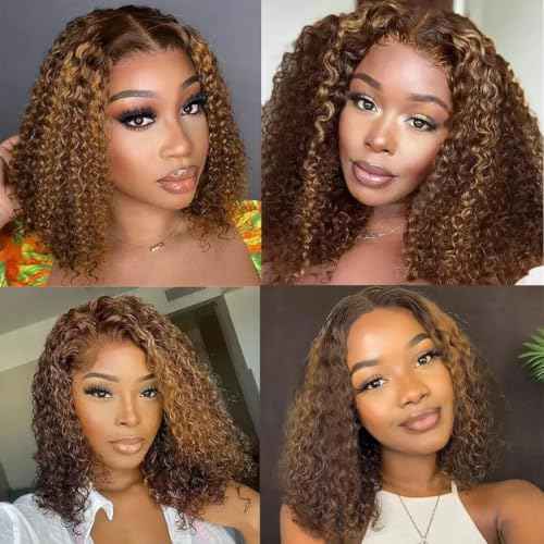 Glueless Wigs Human Hair Pre Plucked Pre Cut 4/27 Highlight Ombre Honey Blonde Curly Bob Wig Human Hair for Beginners 4x4 Deep Wave Lace Closure Glueless Wigs for Black Women 10 Inch