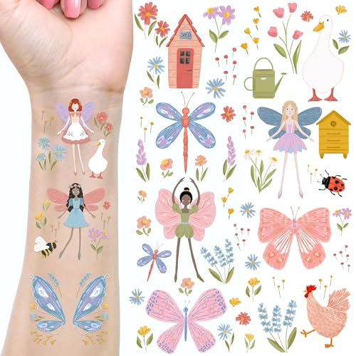 Cheerland Garden Fairy Tattoos Temporary Floral Butterfly Farm Party Favors Woodland Fairies Wing Stickers Birthday Decorations for Tea Bridal Baby Shower Classroom Silly Goose Party Supplies 108pcs