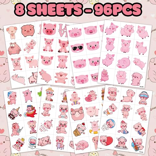96PCS Cute Pig Pre-Cut Temporary Tattoos Themed Barnyard Birthday Party Decorations Supplies Favors Decor Funny Pink Little Piggy Farm Animals Tattoo Stickers Gifts For Kids Boys Girls School Carnival