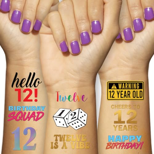 12th Birthday Temporary Tattoos - 4 Sheets Waterproof
