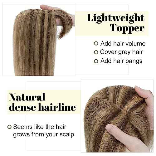 SEGO Hair Toppers for Women With Bangs Real Human Hair, 130% Density 10 * 12CM Silk Base Clip in Top Wiglet Hairpieces for Thinning Hair-14 Inch 4P27 Medium Brown&Dark Blonde