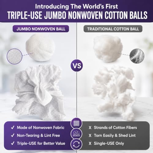Jumbo Nonwoven Skincare Cotton Balls - 100 Ct with Mesh Wash Bag & Hook