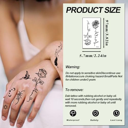 350 PCS Small Finger Temporary Tattoo for Women- butterfly Flower Rose Letter Realistic Black Fake Tiny Tattoos Waterproof Long Lasting Tattoos Stickers Sexy Tattoo for Adults