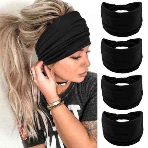 Wide Boho Headbands for Women Fashion Knotted Headband Yoga Workout Hair Accessories African Head Wrap Black 4 Pack