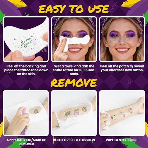 Mardi Gras Glitter Temporary Tattoos - 40 Piece Face & Body Stickers