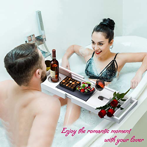 Bamboo Bathtub Caddy Tray with Wine & Book Holder
