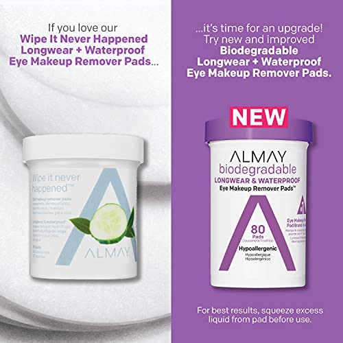 Almay Biodegradable Makeup Remover Pads, Longwear & Waterproof, Hypoallergenic, Fragrance-Free, Dermatologist & Ophthalmologist Tested, 2 Pack