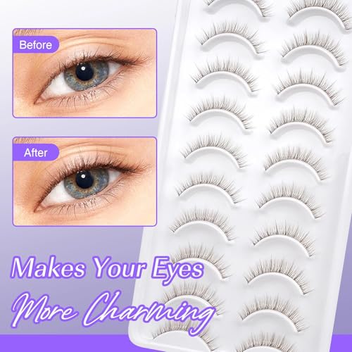 Brown False Eyelashes 10 Pairs - Natural Wispy Strip Lashes