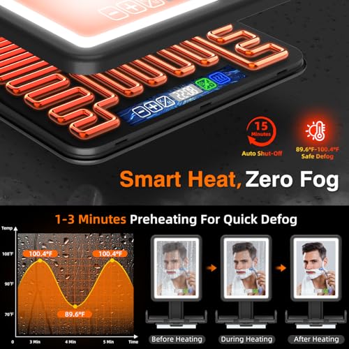 LED Fogless Shower Mirror with Heated Anti-Fog & Digital Clock