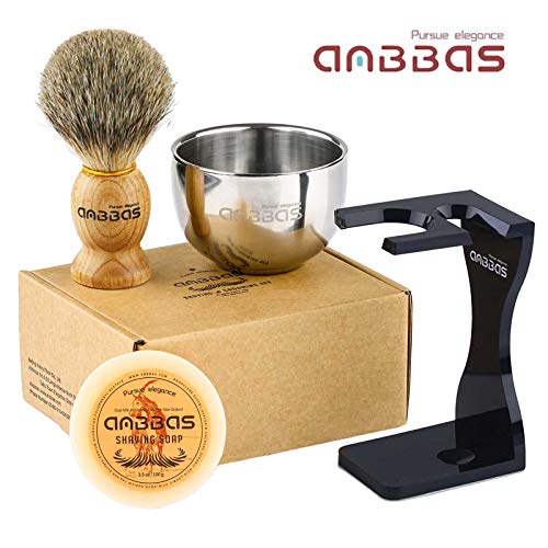 Anbbas Pure Badger Hair Shaving Brush Solid Manchurian Ash Wood Handle,Black Broken-Resistant Acrylic Shaving Stand,Stainless Steel Shaving Bowl Dia 3.2 inch and Goat Milk Soap 100g 4IN1 Set for Men