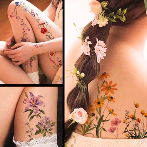 40 Sheets Watercolor Flower Temporary Tattoos for Women - Tiny Wildflower Fake Tattoo Stickers for Body Neck Hand