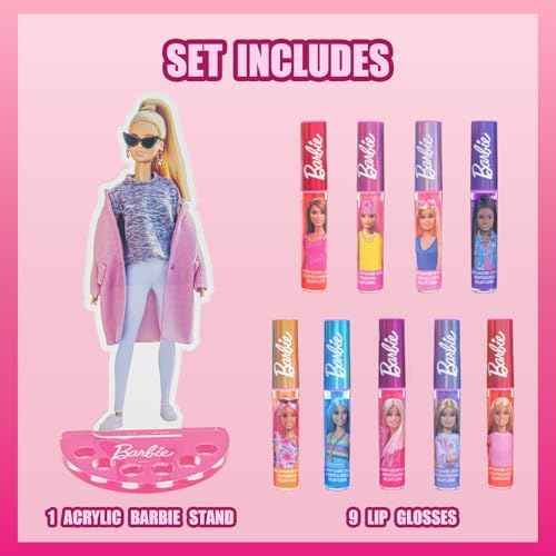 Barbie Lip Gloss with Acrylic Stand for Storage and Display, Plant Based Lip Gloss, Perfect for Parties, Sleepovers, Makeovers, Birthday Gift for Girls, Age 3+, by Townley Girl