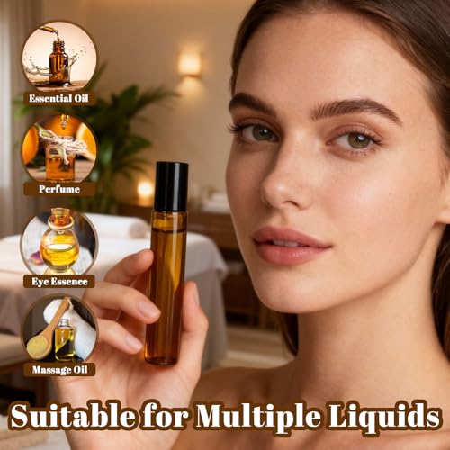 GGOLDMER 54 Pack 10ml Amber Glass Roller Bottles for Essential Oils