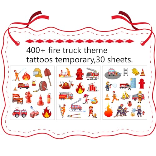 400 Fire Truck Tattoos Temporary Stickers,for Promote Fire Safety Firemen Birthday Gender Reveal Baby Shower Party Favors Supplies Decorations Favors Goodie Bag Stuffers Prize