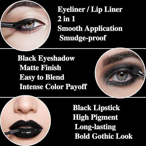 Black Eyeshadow Palette Liquid Lipstick Eyeliner Set with Mini Brush, Smokey Eye Shadow Black Lip Gloss lip liner Set, Smudge Proof Long-lasting, Suitable for Halloween Cosplay Goth Witch Makeup