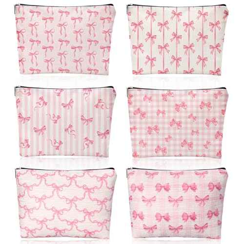 Kacctyen 6 Pack Pink Coquette Bow Makeup Bag Preppy Cosmetic Bags Zipper Pouch Travel Toiletry Bag Pink Trendy Pouch Bag Gift for Coquette Birthday Paty Favor Girls Travel Storage Accessories