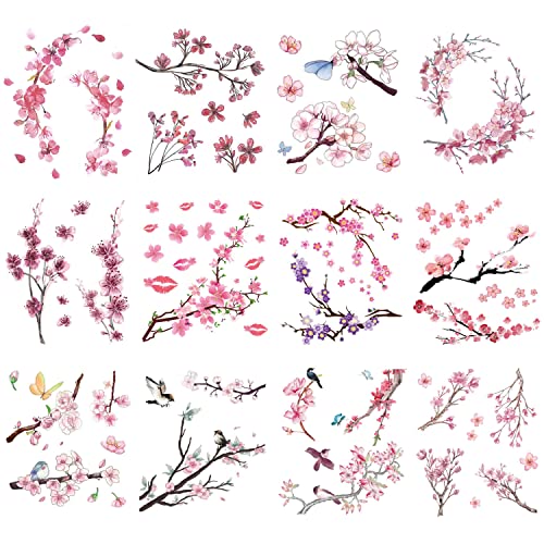 Waterproof Cherry Blossom Temporary Tattoos for Women | 12 Sheets