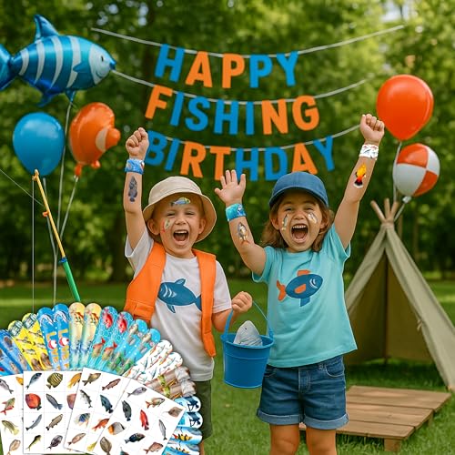 72 PCS Fishing Party Favors - 48 Temporary Pre-Cut Tattoos & 24 Slap Bracelets - Party Favors for Boys & Girls, Birthday Goodie Bag Fillers, Baby Shower Gifts, Classroom Rewards