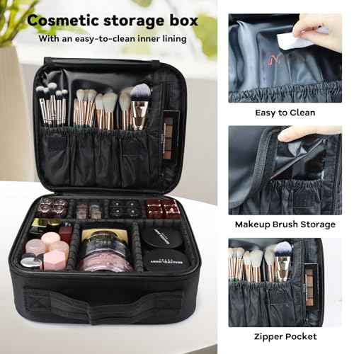 Travel Makeup Bag Makeup Cosmetic Train Case Organizer Portable Storage Bag with Adjustable Dividers for Cosmetics Makeup Brushes Toiletry Jewelry Black