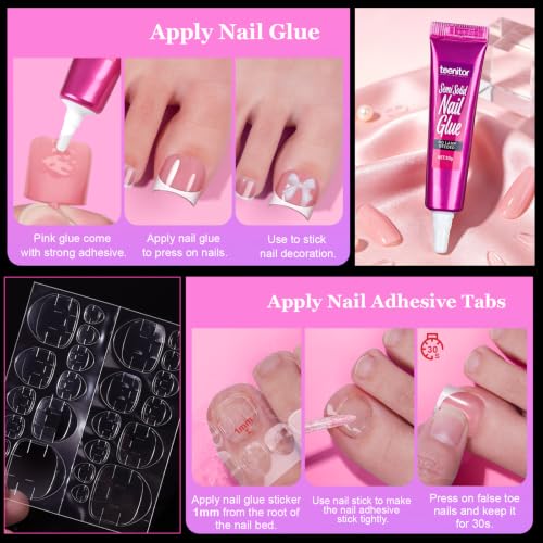 Teenitor Pink French Toe Nails 150pcs Square Press-Ons with Glue 15 Sizes