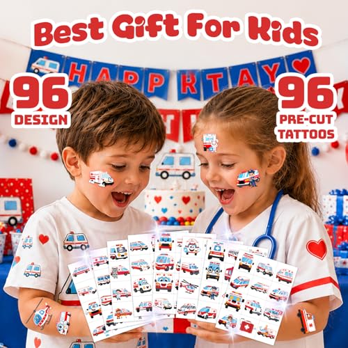 96 PCS Ambulance Temporary Tattoos for Kids Party Favors