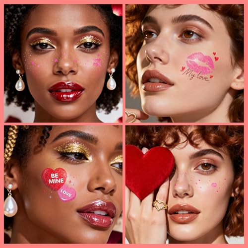 Cerlaza Valentine's Day Temporary Tattoos, 40 Pcs Glitter Heart Stickers