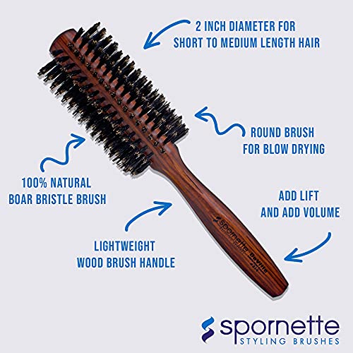 Spornette Deville 2 Inch Round Boar Bristle Bundle with Carry On Wooden Handle Oval Cushion