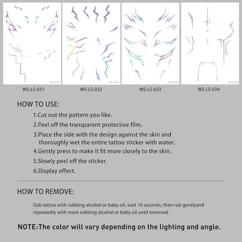4 Large Sheets Dazzling Holographic Temporary Tattoos Stickers for Cosplay & Parties | Waterproof Long Lasting Fake Tattoo Body Art | Anime Fantasy Metallic Face & Arm Jewels