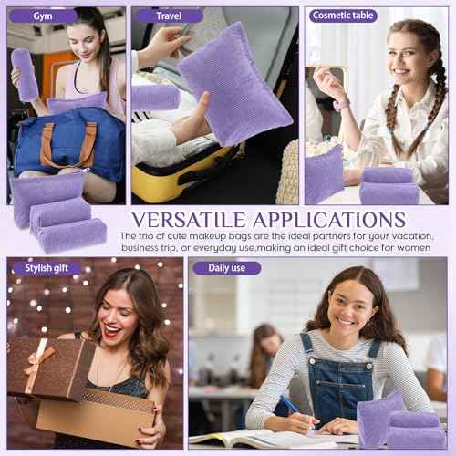 3 Pcs Makeup Bag Set for Women Corduroy Cosmetic Pouch Aesthetic Smile Travel Toiletry Bag Cute Purse Pouch Pencil Case Makeup Brushes Storage Organizer for Christmas(Purple,Solid Style)