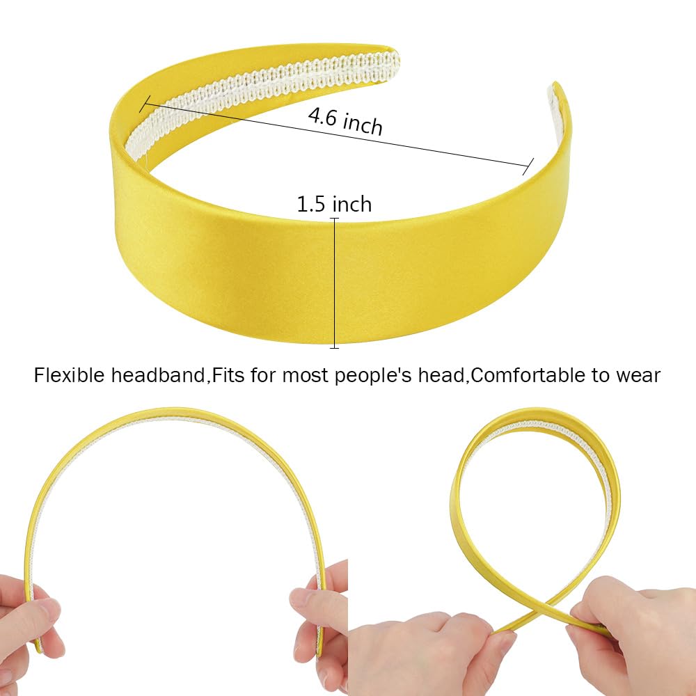 AHONEY Yellow Headband for Women Satin Silk Headband Non Slip 1.57" Wide Plain Head Band Solid Hair Band DIY Fasion Hair Accessories