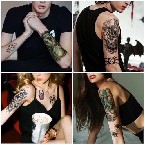 Yazhiji 47 Sheets Temporary Tattoos, 17 Sheets Half Arm Cthulhu Octopus Fake Tattoos for Adults Shoulder Neck, 30 Sheets Tiny Animal Temporary Tattoos Realistic for Men Women Boys & Girls