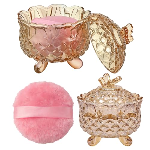 Body Powder Puff and Container set, 3.94" Small Crystal Glass Storage Jars with Dustproof Lid for Loose Powder with Soft Washable Reusable Fluffy Plush Puff (Butterfly-Amber)
