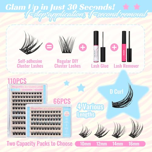 CALAILIS Self Adhesive Eyelashes 66Pcs D Curl Press on Lashes Pre Glued Eyelash Clusters No Glue Needed Lash Clusters Reusable Glueless DIY CLuster Lashes Kit with Tweezers for Beginners (ZN05)