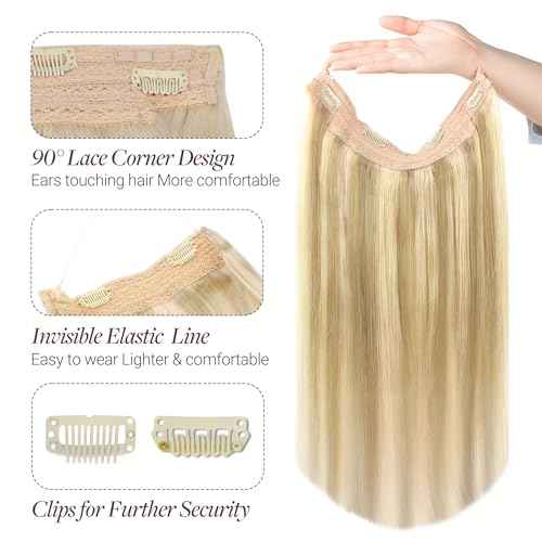 GOO GOO Wire Hair Extensions Human Hair, 16/22 Light Blondewith mix Golden Blonde Highlighted 14inch 75g, Invisible Wire Hair Extensions with Transparent, Seamless Fish Line Hairpiece
