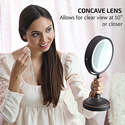 OVENTE 7'' Lighted Makeup Mirror with 1X/7X Magnification, Cordless Tabletop Mount Vanity Mirror with 360¡Æ Swivel Design & Double Sided Glow Cosmetic White LED Ring Light, Antique Bronze MCT70ABZ1X7X